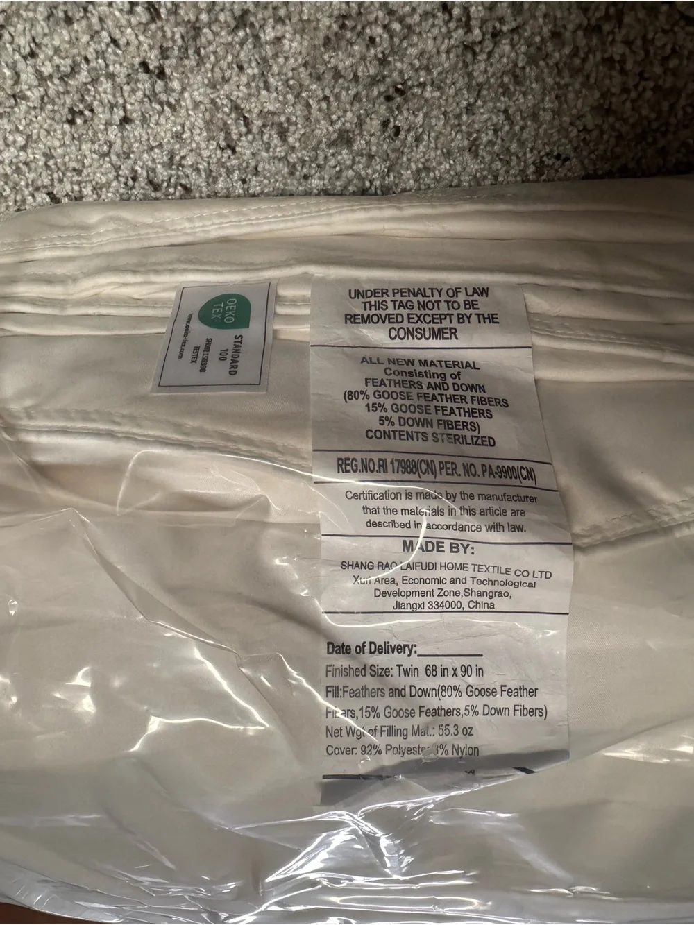 Peace Nest White Down Comforter Duvet Insert 68”x90” goose feathers and down